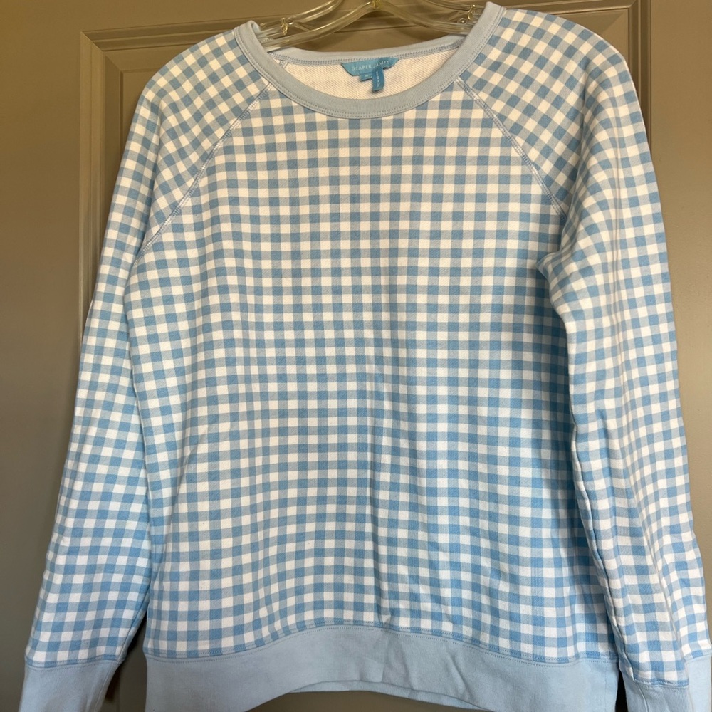 Draper James Natalie Gingham Sweatshirt Light Blue and White Size Small